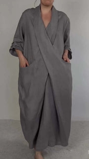 Women's linen V-neck dress with pockets, view 6 - MRSLM