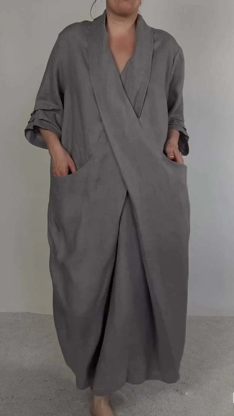 Women's linen V-neck dress with pockets, view 6 - MRSLM