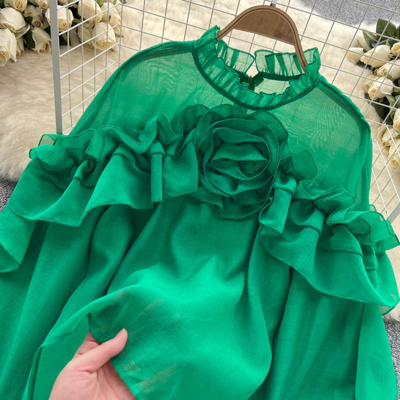 women's ruffled mesh pleated blouse, view 6 - MRSLM