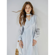 light blue v-neck ribbon dress, view 4 - MRSLM