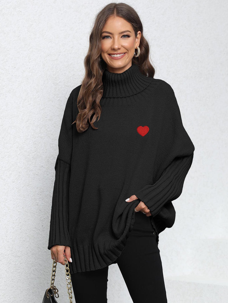 women's loose turtleneck sweater with heart patches, view 9 - MRSLM