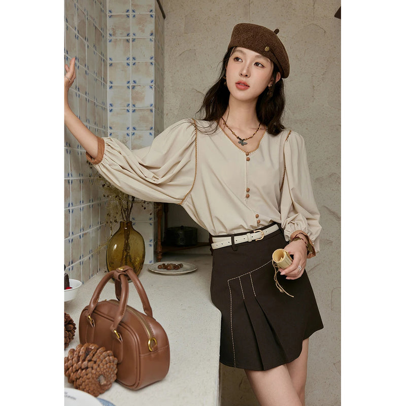 retro v-neck lantern sleeve shirt, view 7 - MRSLM