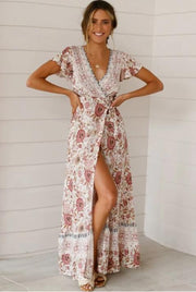 v-neck split bohemian print dress, view 9 - MRSLM