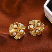 women's pearl ribbon stud earrings, view 2 - MRSLM