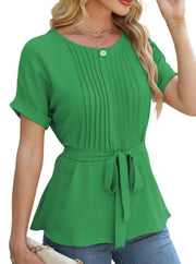 Women's ruffled pleated round neck top, view 9 - MRSLM