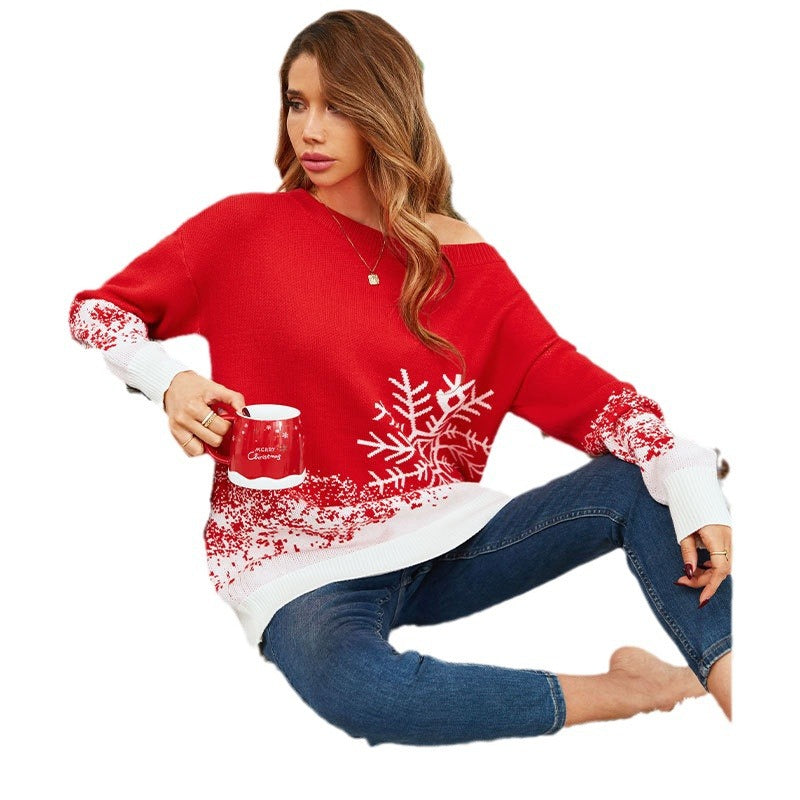 Women's red snowflake jacquard Christmas sweater, view 6 - MRSLM