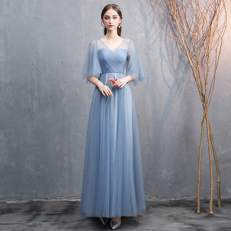gray-blue off-shoulder banquet dress, view 8 - MRSLM