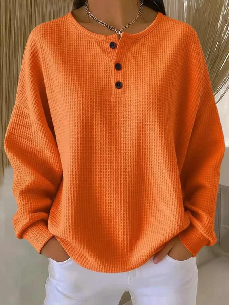 Waffle Long-sleeved T-shirt Fashion Solid Color Buttons Round Neck Pullover Top Women's Clothing