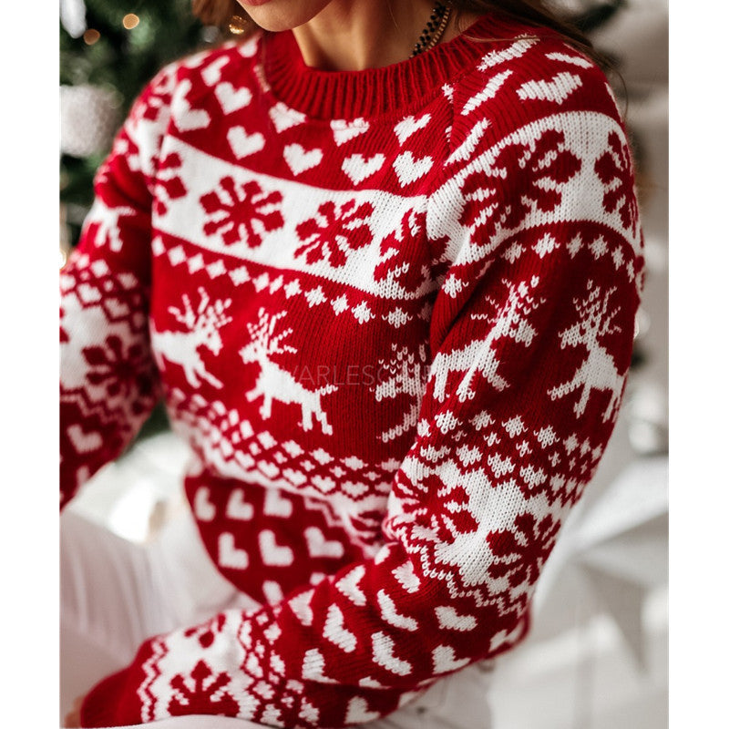 Women's Christmas elk and snowflake jacquard sweater, view 8 - MRSLM