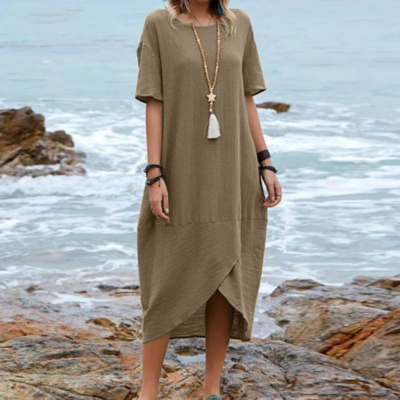 Women's retro round neck mid-length dress, view 2 - MRSLM