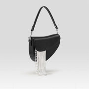 Black leather tassel crossbody saddle bag, view 3 - MRSLM
