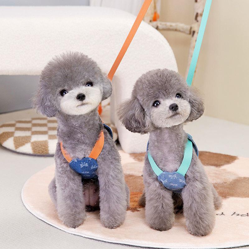 cotton denim dog harness and leash set, view 4 - MRSLM