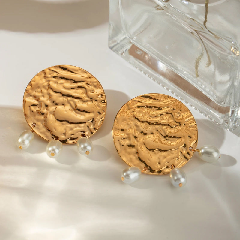 retro gold plated hammered pearl earrings, view 5 - MRSLM