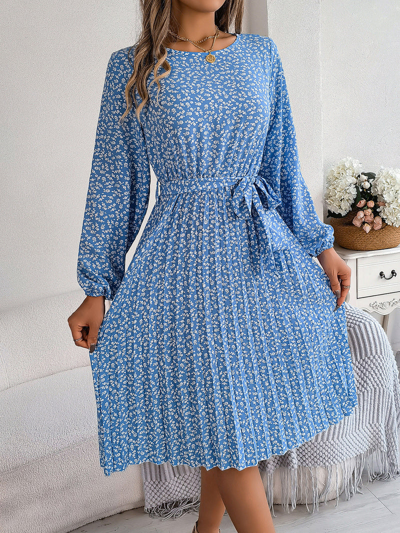 long-sleeved floral print pleated dress, view 7 - MRSLM