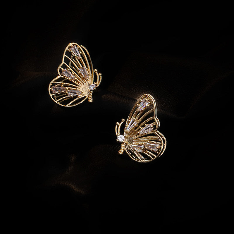 gold 3D butterfly earrings, view 5 - MRSLM