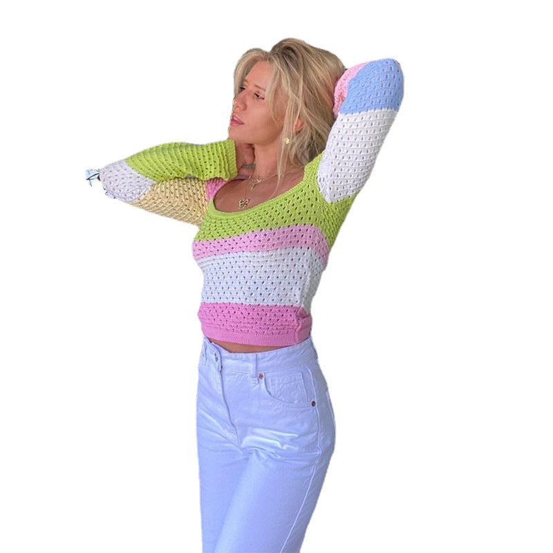 women's hollow knit long sleeve color matching top, view 5 - MRSLM