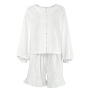 white cotton lantern sleeve top and shorts set, view 3 - MRSLM