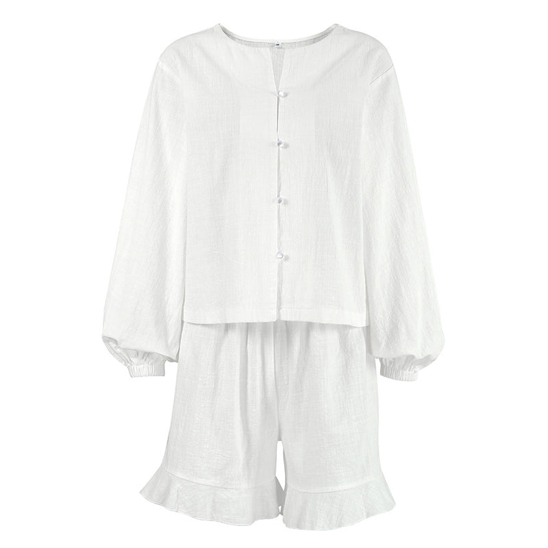 white cotton lantern sleeve top and shorts set, view 3 - MRSLM