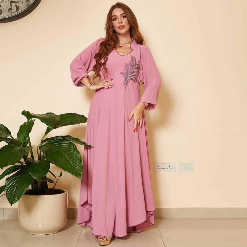 women's long sleeve loose dress with chest applique - MRSLM