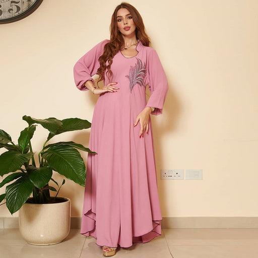 women's long sleeve loose dress with chest applique - MRSLM