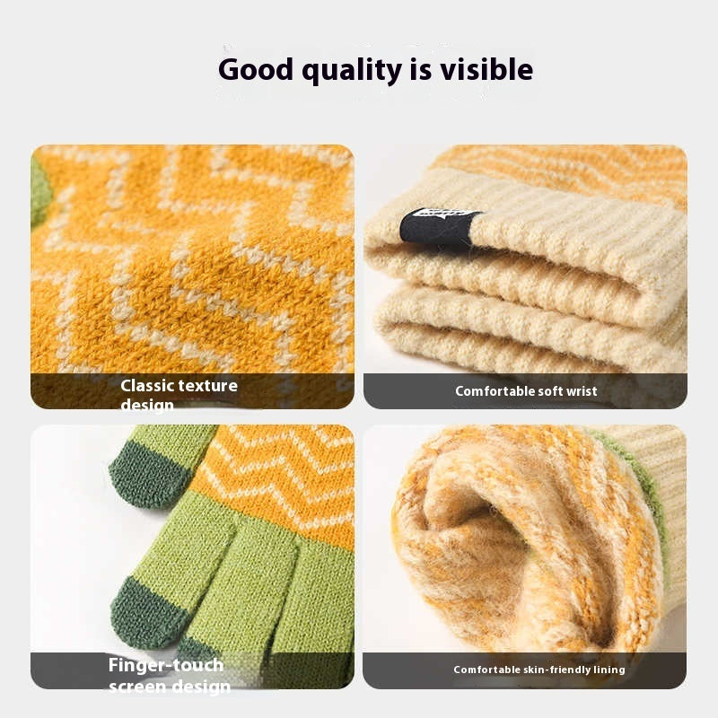 Pineapple knit wool gloves for women, view 3 - MRSLM