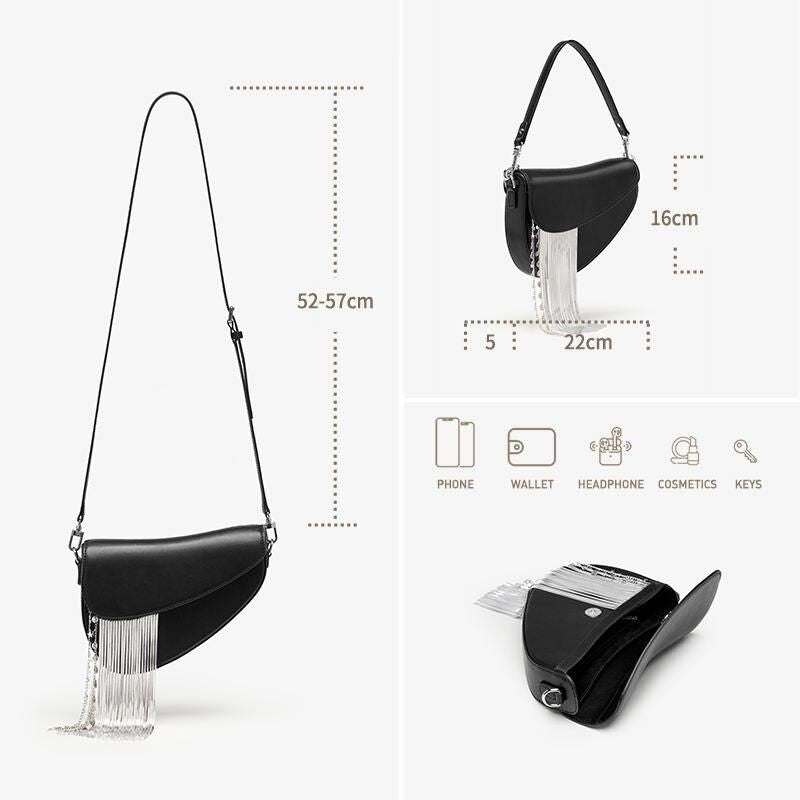 Black leather tassel crossbody saddle bag, view 6 - MRSLM