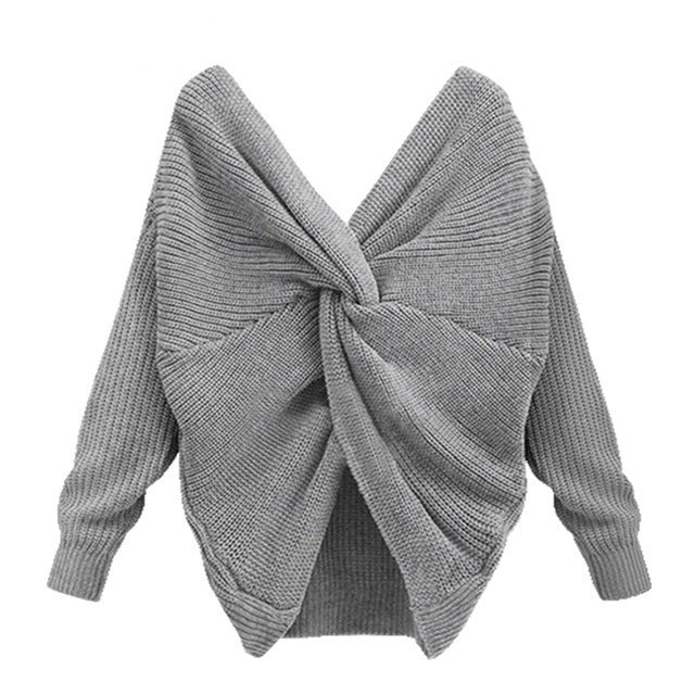 women's v-neck cross backless knit sweater, view 7 - MRSLM