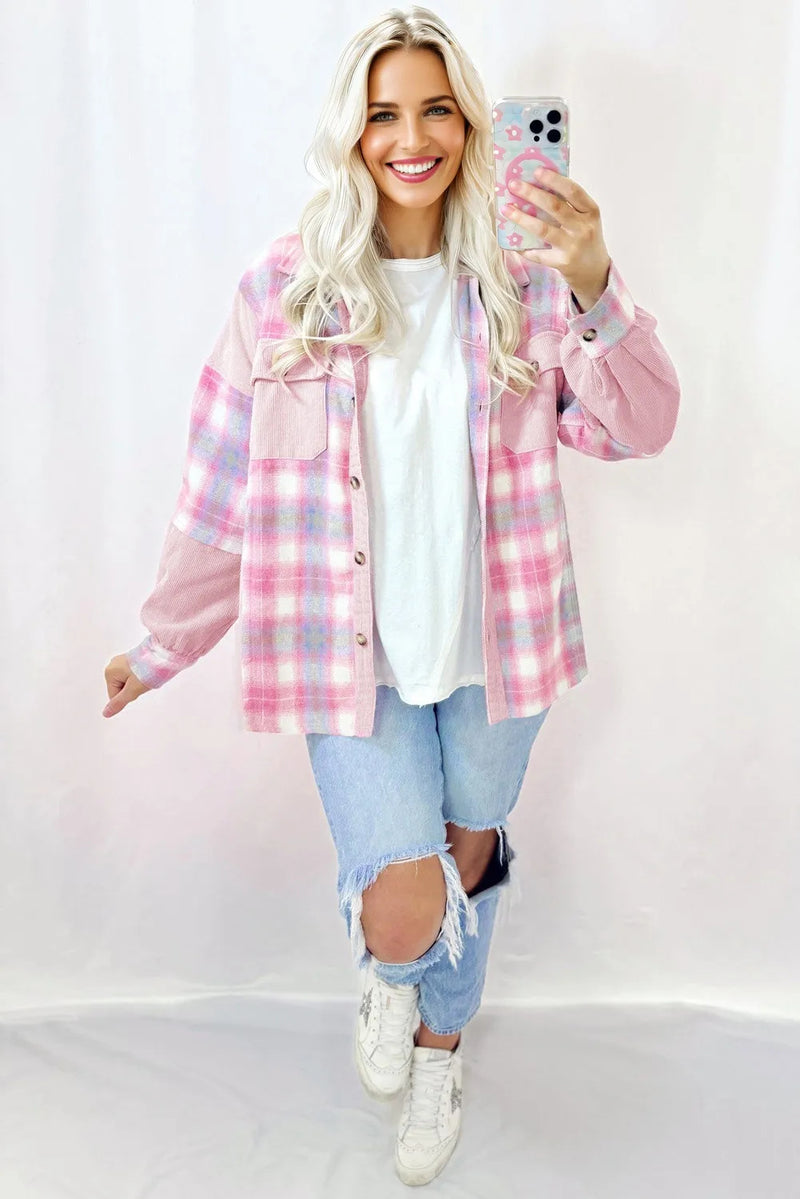 Women's pink plaid corduroy patchwork shacket, view 2 - MRSLM