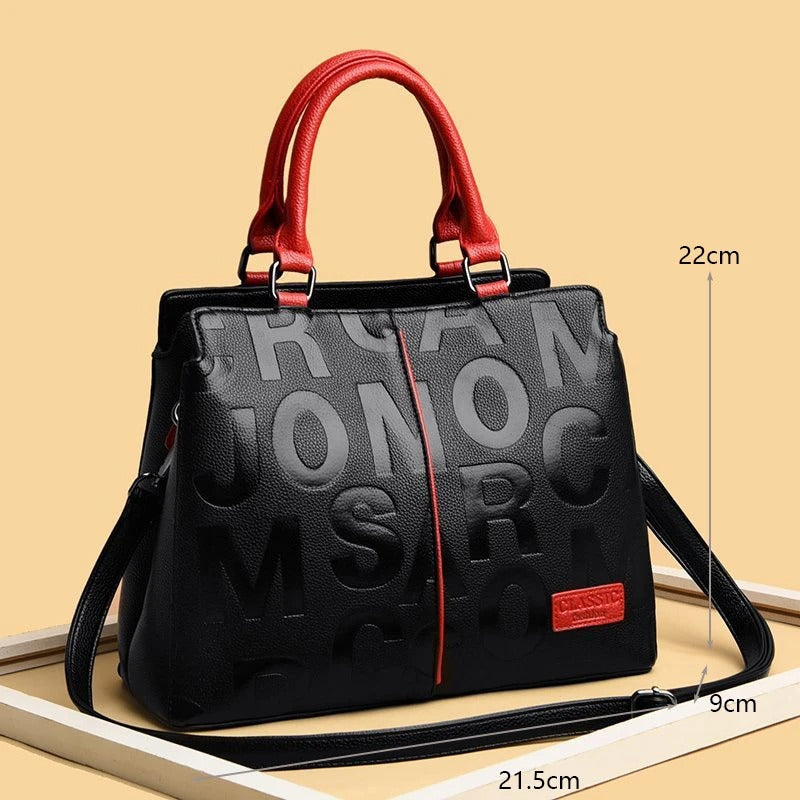 large soft leather tote with embossed lettering, view 5 - MRSLM