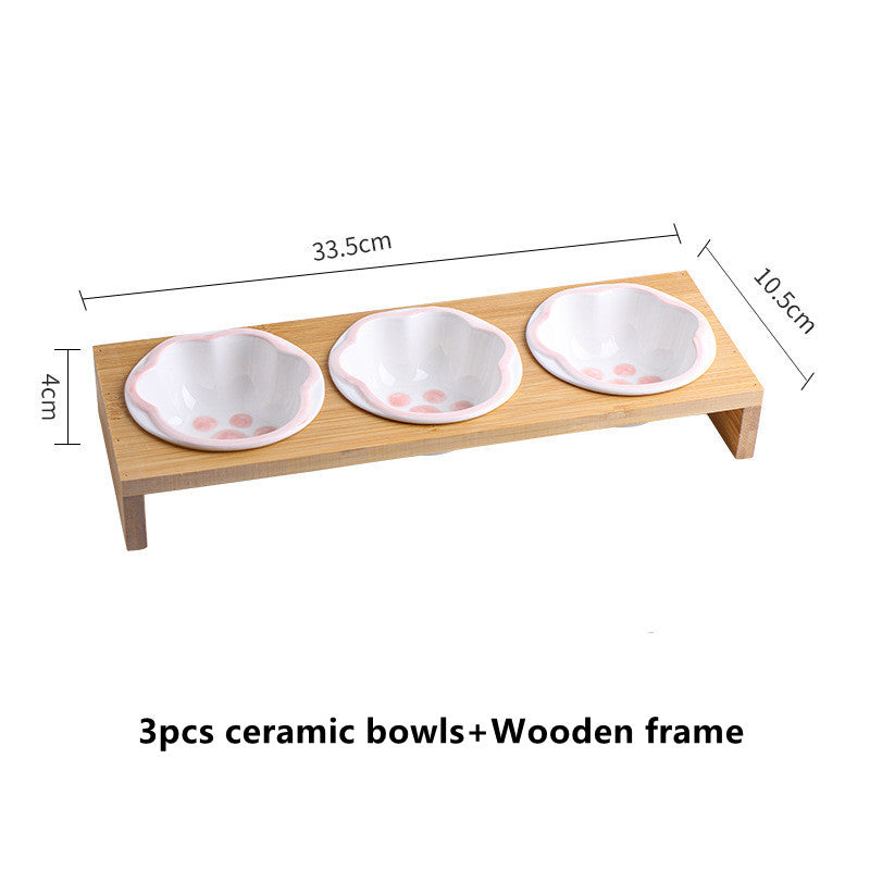 cartoon paw raised pet bowl with wooden stand, view 3 - MRSLM