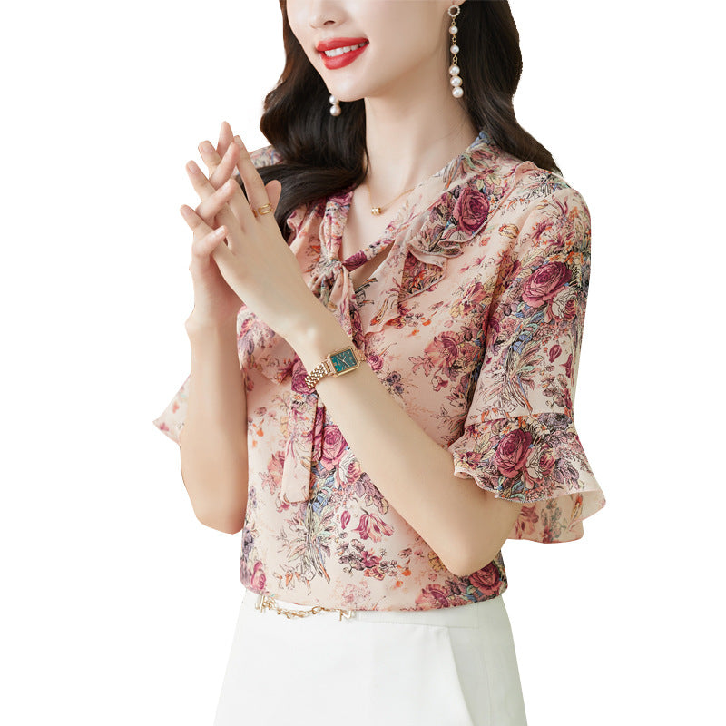 women's floral chiffon v-neck top, view 5 - MRSLM
