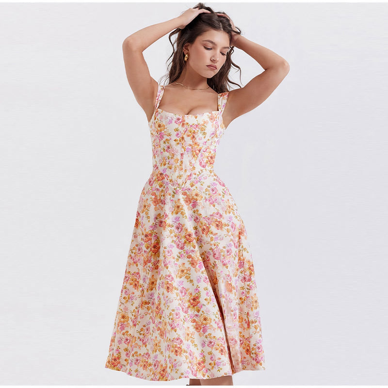 printed spaghetti strap midi dress, view 8 - MRSLM