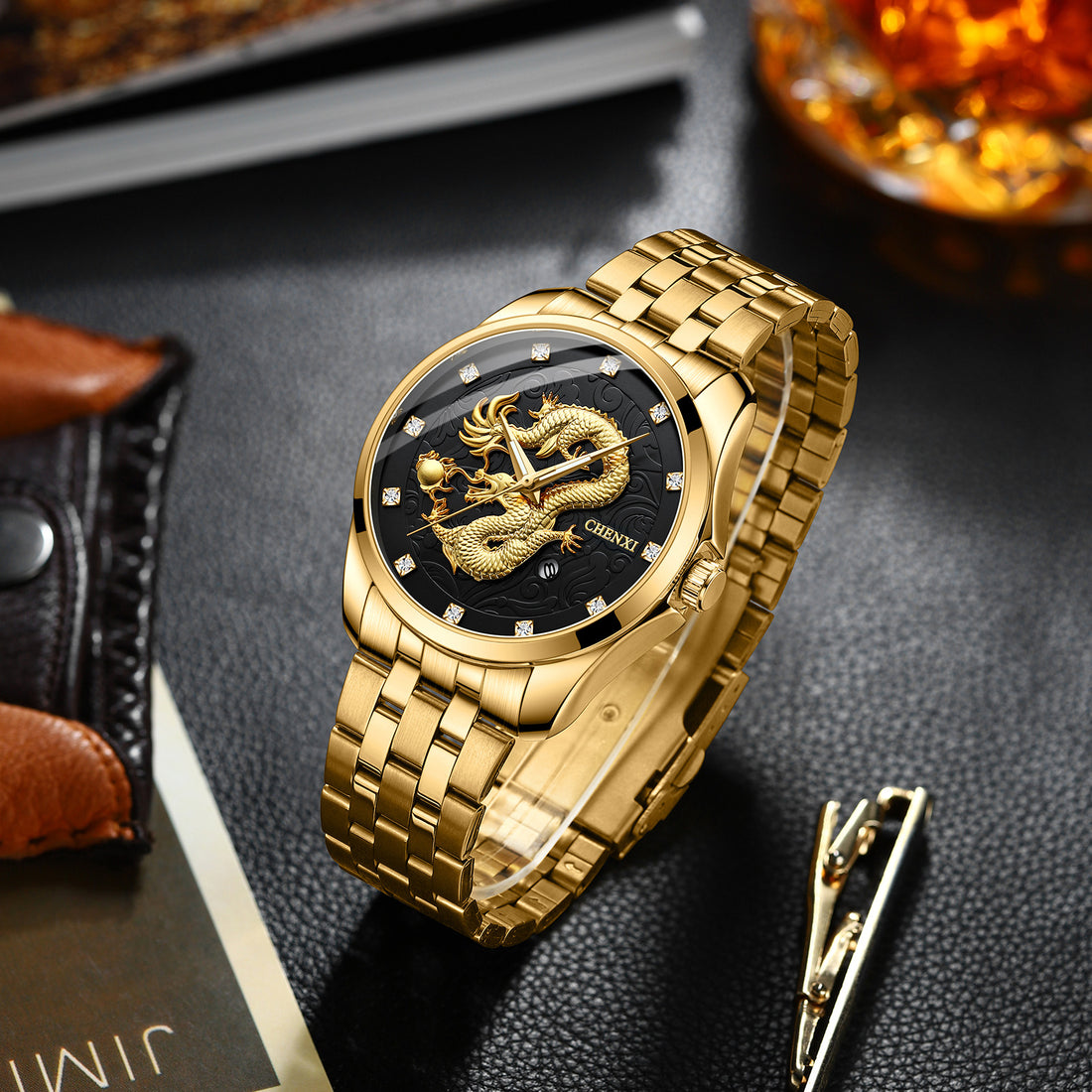 Dragon Totem Embossed Calendar Waterproof Men's Chinese Style Steel Band Watch
