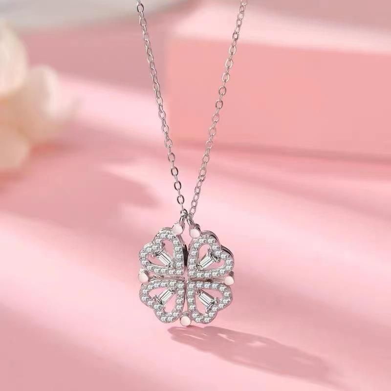 Heart-shaped crystal clover pendant necklace, view 3 - MRSLM