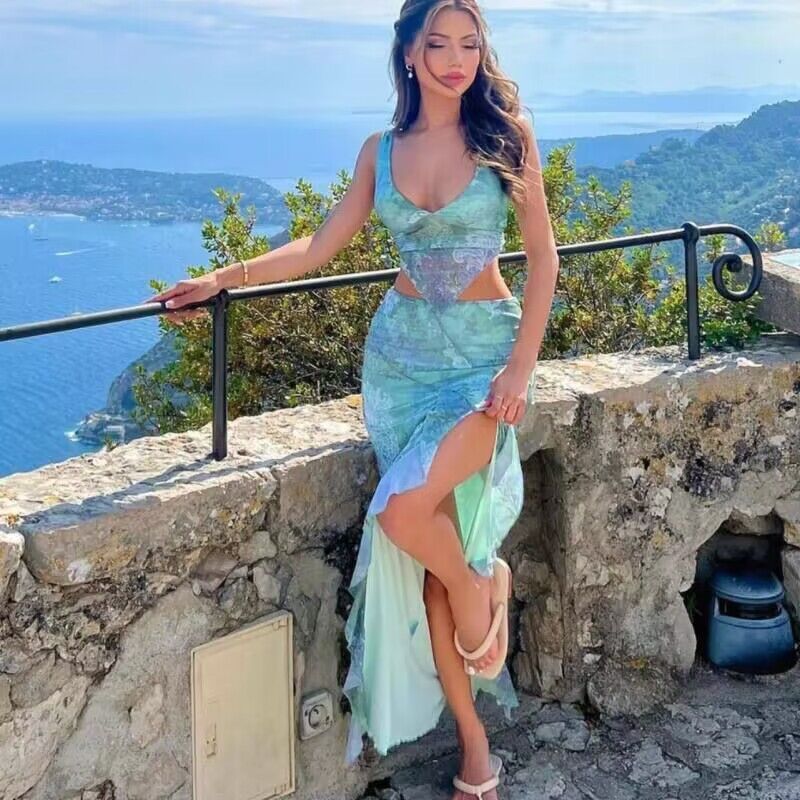 Women's green print top and slit skirt set, view 3 - MRSLM