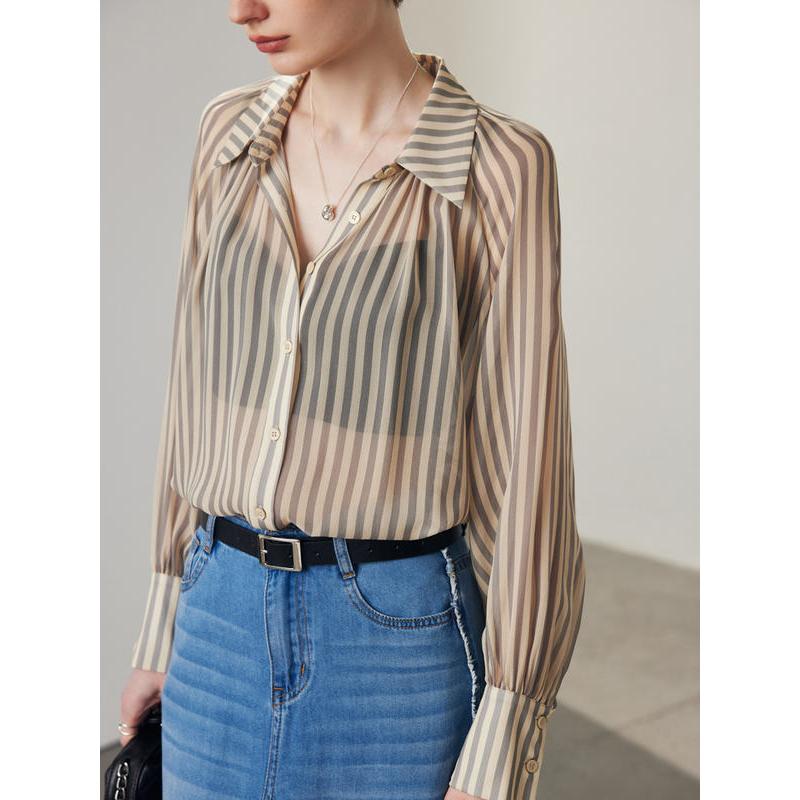women's striped silk casual shirt, view 5 - MRSLM