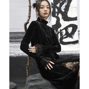retro velvet mesh slim black dress, view 5 - MRSLM