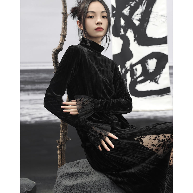 retro velvet mesh slim black dress, view 5 - MRSLM