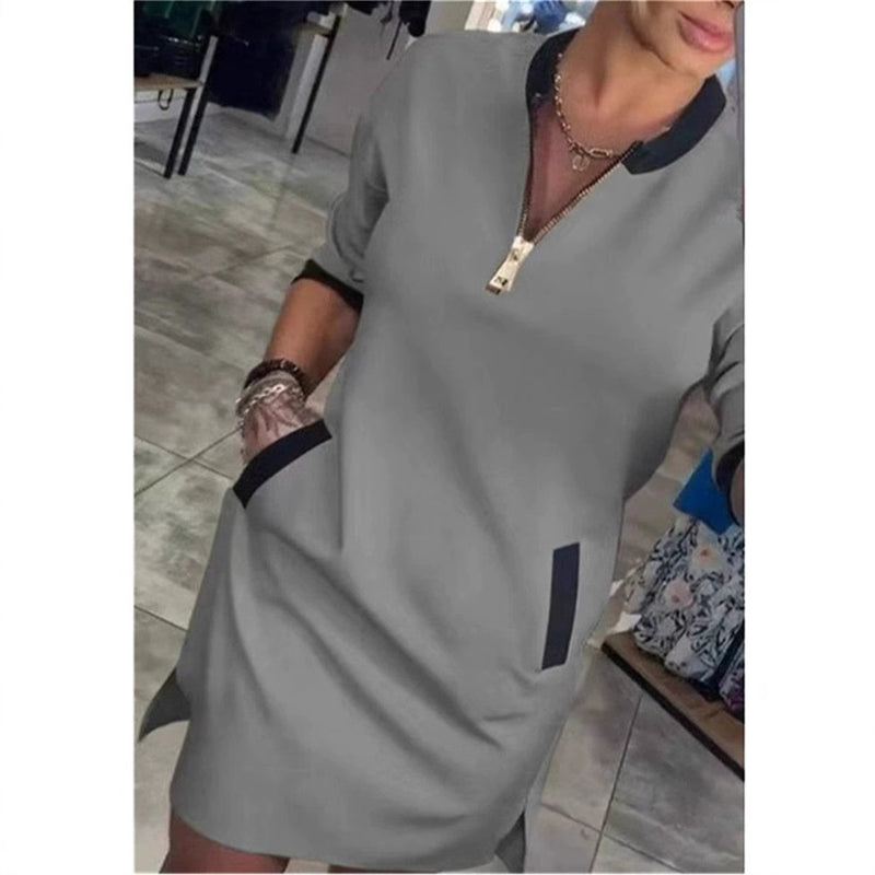 women's midi dress round neck zipper pocket, view 3 - MRSLM