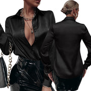satin pleated long sleeve loose top, view 3 - MRSLM