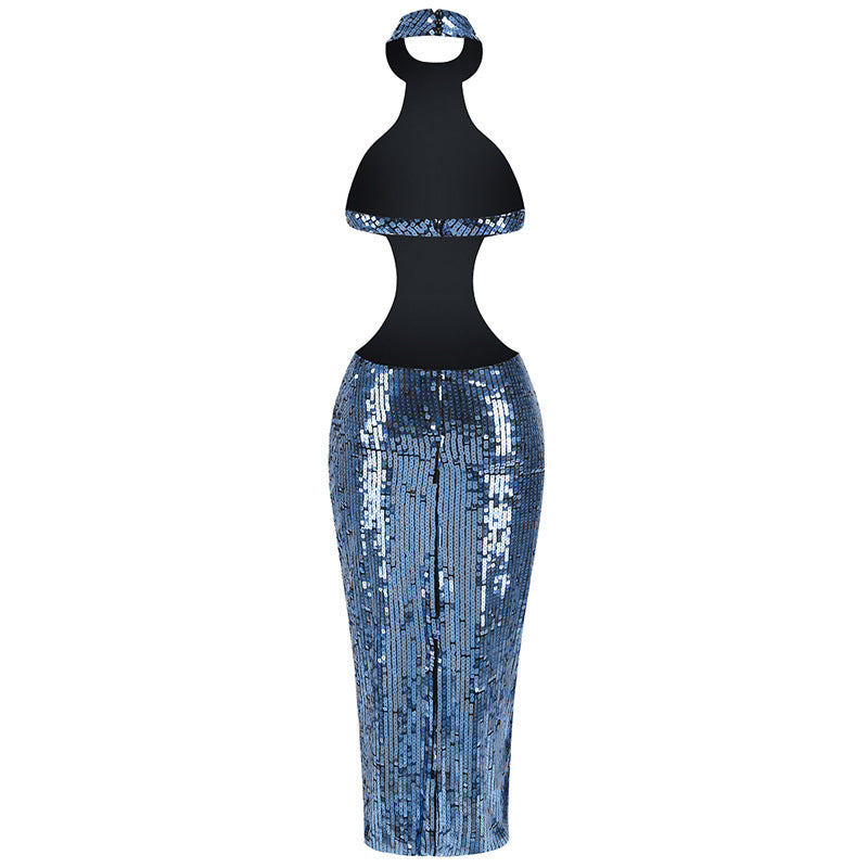 sequin halter long dress, view 4 - MRSLM