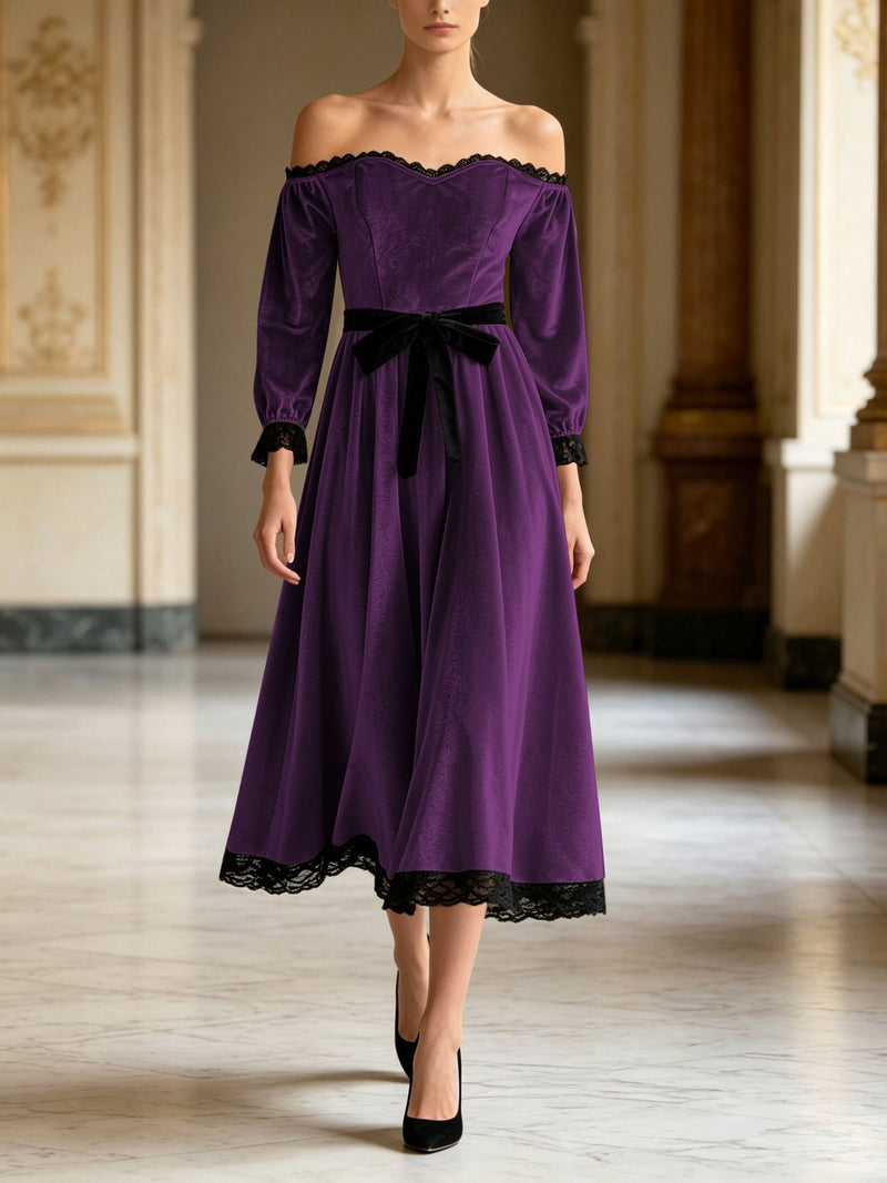 Off-shoulder velvet midi dress with lace trim and bow, view 12 - MRSLM