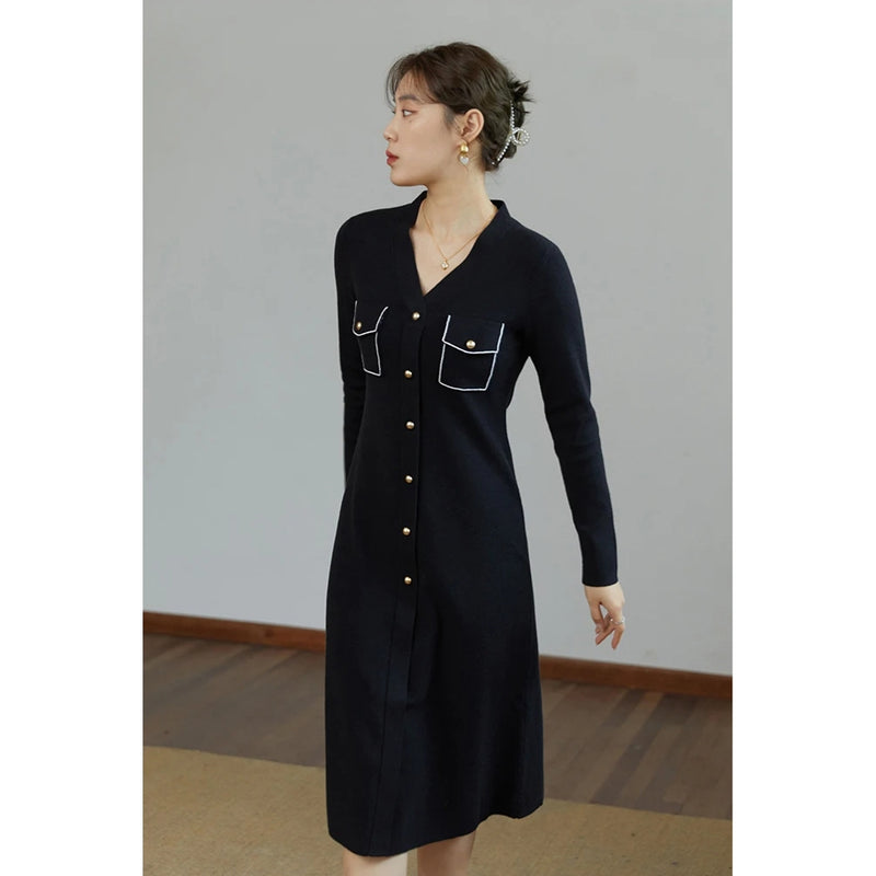 black v-neck knitted a-line dress, view 9 - MRSLM