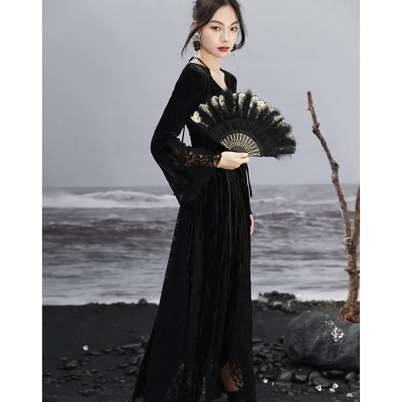 dark velvet lace splice dress, view 7 - MRSLM