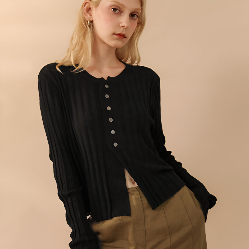 slim fit knitted cardigan with navel cut, view 2 - MRSLM