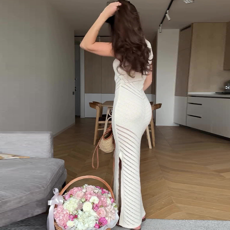 white sleeveless long dress, view 4 - MRSLM