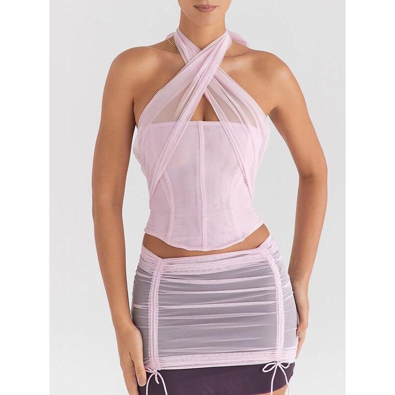 halter neck backless lace tank top, view 7 - MRSLM