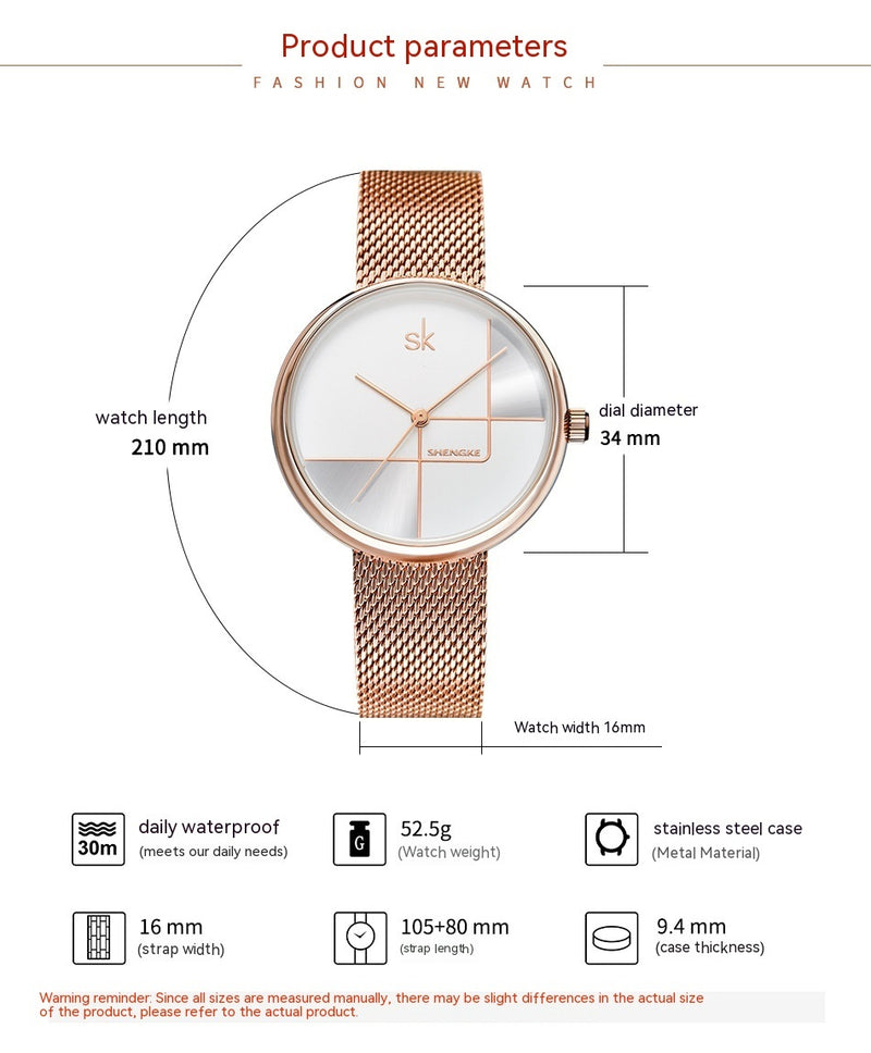 Women's geometric quartz watch with mesh strap, view 5 - MRSLM