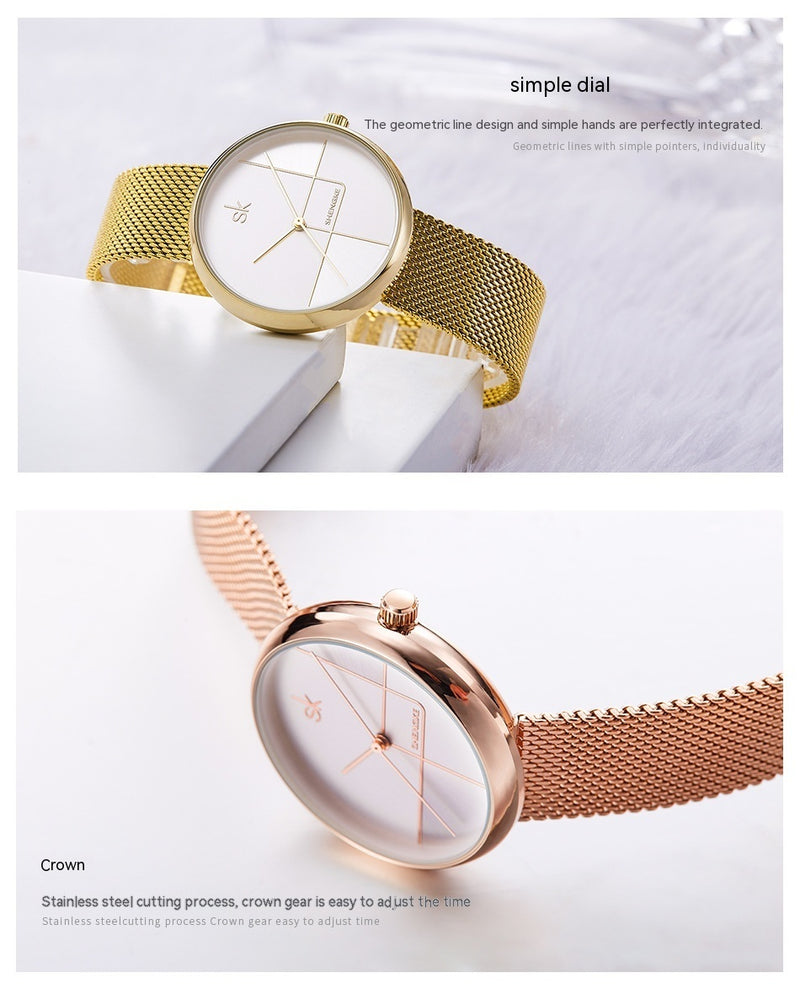 Women's geometric quartz watch with mesh strap, view 9 - MRSLM