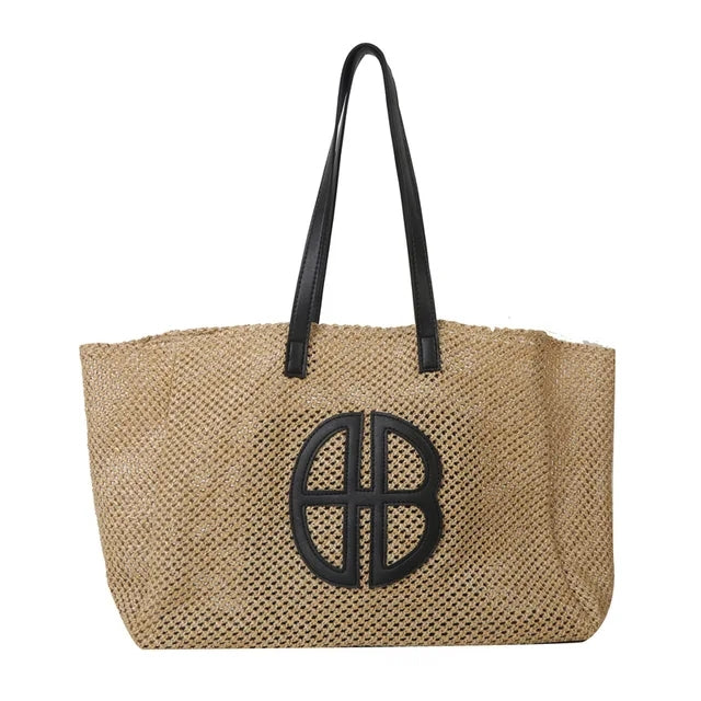 handmade straw knitting tote bag, view 2 - MRSLM